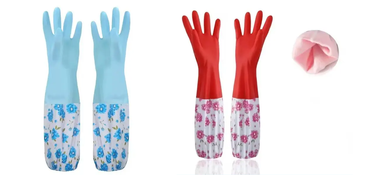 1Pair Lengthen Dishwashing Cleaning Glove Durable Waterproof Cleaning Rubber Long Sleeves for Dish Washing Velvet Lining Household Glove